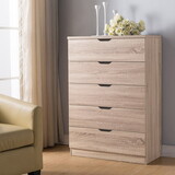 Modern natural finish five drawer chest clothes storage cabinet with metal drawer glides