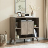 Compact display storage sideboard bookcase cabinet two door four open shelves metal knobs wooden flared legs B107P320791