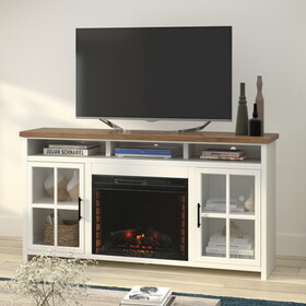 Bridgevine Home Hampton 74 inch Fireplace TV Stand Console for TVs up to 85 inches, Jasmine Whitewash and Barnwood Finish B108P160229