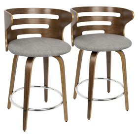 Cosini Mid-Century Counter Stool with Swivel in Walnut and Grey Fabric by LumiSource - Set of 2 B116135538