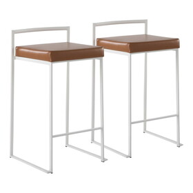 Fuji Contemporary Stackable Counter Stool in White with Camel Faux Leather Cushion by LumiSource - Set of 2 B116135569