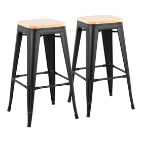 Oregon Contemporary Barstool in Black Steel and Natural Wood by LumiSource - Set of 2 B116135588