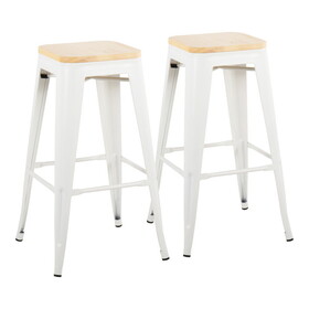 Oregon Contemporary Barstool in White Steel and Natural Wood by LumiSource - Set of 2 B116135589