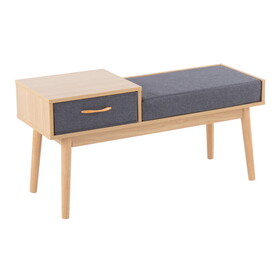 Telephone Contemporary Bench in Natural Wood and Grey Fabric with Pull-Out Drawer by LumiSource B116135597