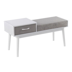 Telephone Contemporary Bench in White Wood and Grey Fabric with Pull-Out Drawer by LumiSource B116135598