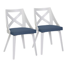 Charlotte Farmhouse Chair in White Textured Wood and Blue Fabric by LumiSource - Set of 2 B116135622