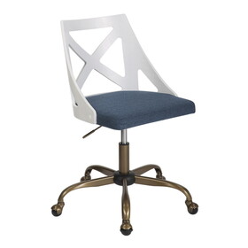 Charlotte Farmhouse Task Chair in Antique Copper Metal, White Textured Wood, and Blue Fabric by LumiSource B116135726
