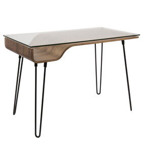 Avery Mid-Century Desk in Walnut Wood, Clear Glass, and Black Metal by LumiSource B116135755