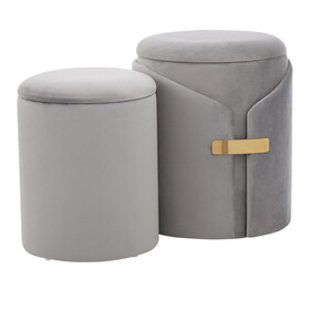 Dahlia Contemporary/Glam Nesting Ottoman Set in Silver Velvet with Gold Metal Accent Pieces by LumiSource B116135788