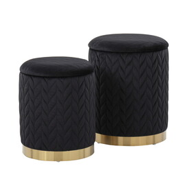 Marla Contemporary/Glam Quilted Ottoman Set in Gold Metal and Black Velvet by LumiSource B116135794