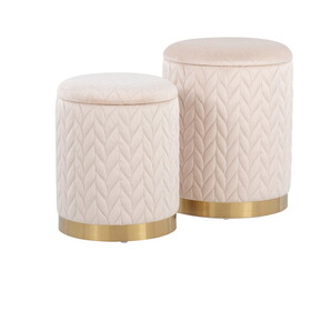 Marla Contemporary/Glam Quilted Ottoman Set in Gold Metal and Cream Velvet by LumiSource B116135795