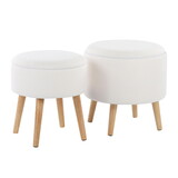 Tray Contemporary Storage Ottoman with Matching Stool in Cream Fabric and Natural Wood Legs by LumiSource B116135829