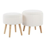 Tray Contemporary Storage Ottoman with Matching Stool in Textured Cream Fabric and Natural Wood Legs by LumiSource B116135832
