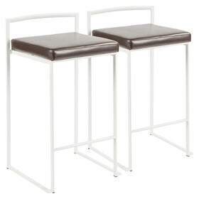 Fuji Contemporary Stackable Counter Stool in White with Brown Faux Leather Cushion by LumiSource - Set of 2 B116135847