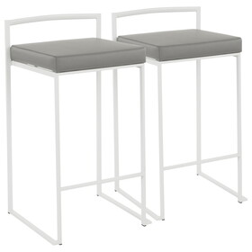Fuji Contemporary Stackable Counter Stool in White with Grey Faux Leather Cushion by LumiSource - Set of 2 B116135849