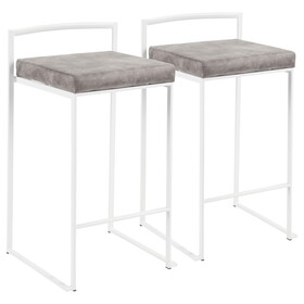 Fuji Contemporary Stackable Counter Stool in White with Stone Cowboy Fabric Cushion by LumiSource - Set of 2 B116135851