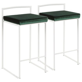 Fuji Contemporary Stackable Counter Stool in White with Green Velvet Cushion by LumiSource - Set of 2 B116135853