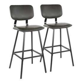 Foundry Contemporary Barstool in Black Metal and Grey Faux Leather with Grey Zig Zag Stitching by LumiSource - Set of 2 B116135859