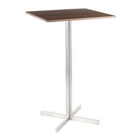 Fuji Contemporary Square Bar Table in Stainless Steel with Walnut Wood Top by LumiSource B116135883