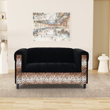 Black Velvet Loveseat Sofa for Living Room with Leopard Print, Modern Décor Love Seat Mini Small Couches for Small Spaces and Bedroom with Solid Wood Frame B124142409