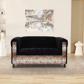 Black Velvet Loveseat Sofa for Living Room with Leopard Print, Modern D&#233;cor Love Seat Mini Small Couches for Small Spaces and Bedroom with Solid Wood Frame B124142409