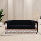 Black Velvet Sofa with Leopard Print, Modern 3-Seater Sofas Couches for Living Room, Bedroom, Office, and Apartment with Solid Wood Frame B124142412