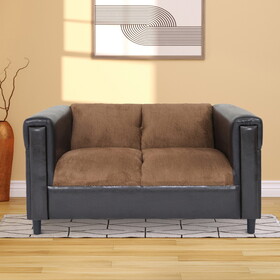 Brown Chenille and Faux Leather Loveseat Sofa for Living Room, Modern D&#233;cor Love Seat Mini Small Couches for Small Spaces and Bedroom with Solid Wood Frame B124142437