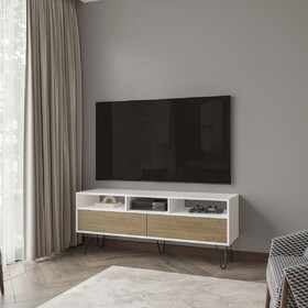 Olds TV Stand with 2 Doors and Open Storage, White and Natural Oak B128P287515