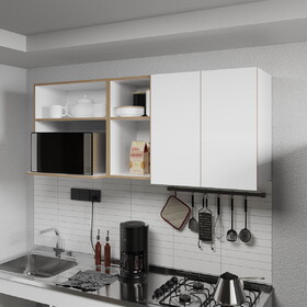 Wall-Mounted Kitchen Cabinet with Microwave Space, Open Shelves, and Double Doors - Natural Oak and White B128P287520