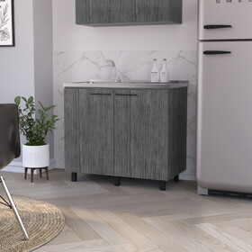 FM FURNITURE Oklahoma 2 Utility Sink & Cabinet, Interior Shelf, Stainless Steel Countertop,Smokey Oak B128S00059