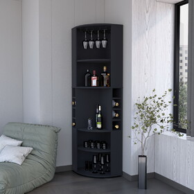 FM FURNITURE Clifton Corner Bar Cabinet, with 5 shelves,Cup Hanger and Eight Built-in Wine Rack, Black B128S00063