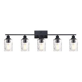 5-Light Bathroom Lighting Fixtures over Mirror 40 inches Length, Contemporary Black Vanity Light Industrial Wall Lamp with Clear Hammered Glass Shade B130P148032