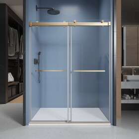 44" - 48" W x 76" H Soft-closing Double Sliding Frameless Shower Door with 3/8 inch (10mm) Clear Glass in Brushed Gold P-B133P156494