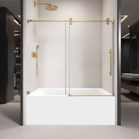 56" - 60" W x 66" H Single Sliding Frameless Tub Shower Door with 3/8 inch (10mm) Clear Glass in Brushed Gold P-B133P156522