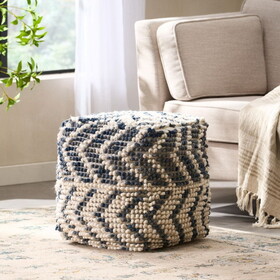 Alina Wool and Cotton Pouf, Natural and Blue B181P162846