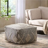 Diamond Large Handcrafted Faux Yarn Pouf, Ivory and Grey B181P162855