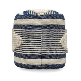 Diamond Handcrafted Fabric Cylindrical Pouf, White and Dark Blue B181P162856