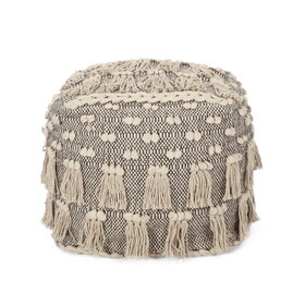 Angelic Handcrafted Fabric Pouf with Tassels, Ivory B181P162873
