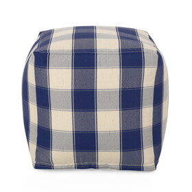 Connor Checkered Square Pouf, Ivory and Navy Blue B181P162889