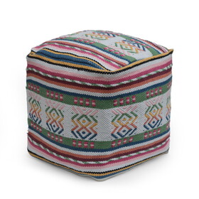 Inca Handcrafted Peruvian Print Square Pouf, White, Pink, Multicolor B181P162925