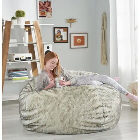 Negar 5 Foot Rounded Short Faux Fur Bean Bag, White and Gray B181P163013