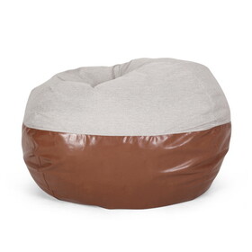 Maxi 5 Foot Two color Fabric and Faux Leather Rounded Bean Bag, Light Grey and Coffee Brown B181P163028