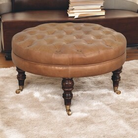 Brown Buffalo Leather Round Ottoman with Castor Legs B182P303427