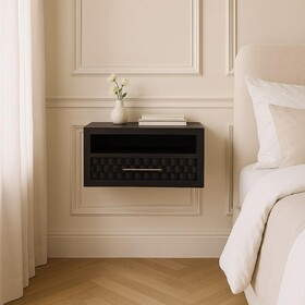 Solid Wood Arno Wall-Mounted Nightstand,Black,1-Shelf,1-Drawers B182P372181
