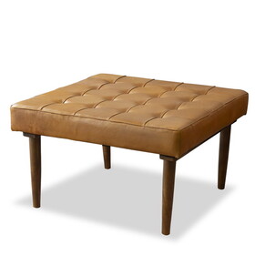 Mark Mid-Century Tufted Square Genuine Leather Upholstered Ottoman in Tan B183P167390