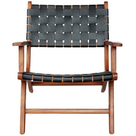 Melody Black Strap Leather Teak Wood Lounge Chair B183P167401