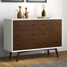 Mid Century Modern White Dresser 6 Drawer Storage Solution in Solid Wood, Dark Brown and White 33.1"H x 47.2"W x 15.7"D for Bedroom, Hallway, Entryway, Closet B183P231969