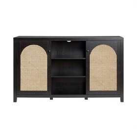 Transitional 58" 2-Door Sideboard with Arched Rattan Panels, Black