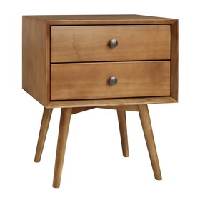 Mid-Century Modern Double-Drawer Solid Wood Nightstand - Caramel