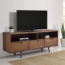 Mid-Century Modern Solid Wood 3-Drawer 58" TV Stand for 65" TVs with 2 Open Cubbies - Walnut